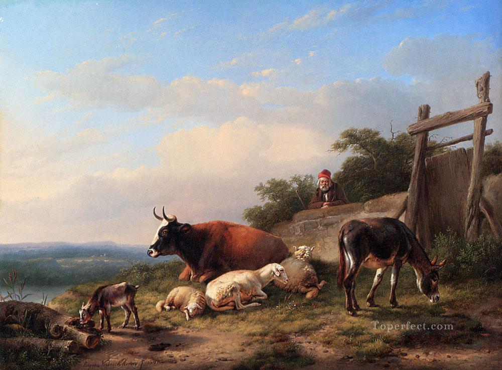 Un granjero cuidando a sus animales Eugene Verboeckhoven burro Pintura al óleo